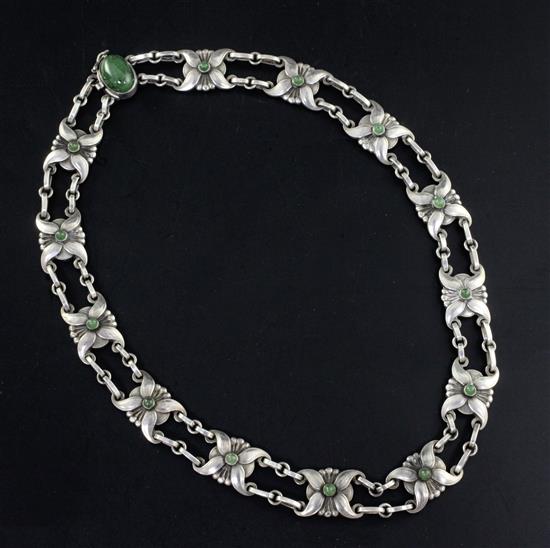 A 1970s Georg Jensen sterling silver and green cabochon necklace, no. 18B, 39cm.